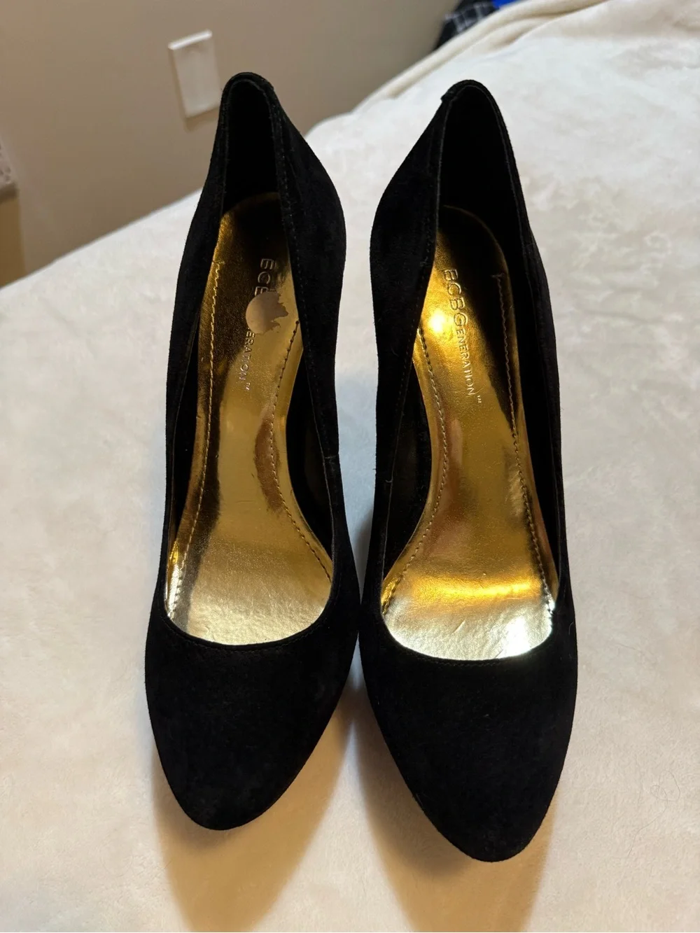 BCBG Black Suede Wedge Pumps with Gold Lining